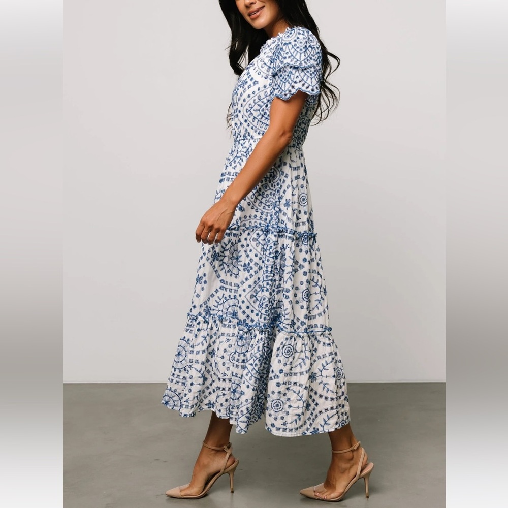 Bohme ALENA EYELET LACE DRESS IN BLUE Midi Dress blue/white size small